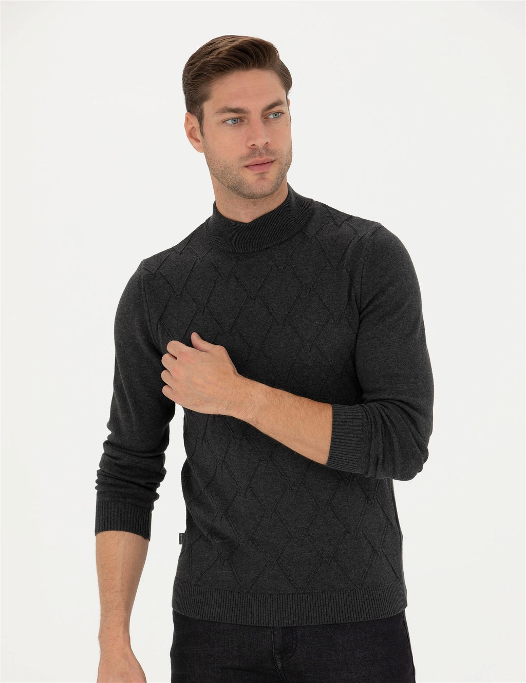 Antrasit Melanj Slim Fit Yar_m Bal_k__ Yaka Triko Kazak