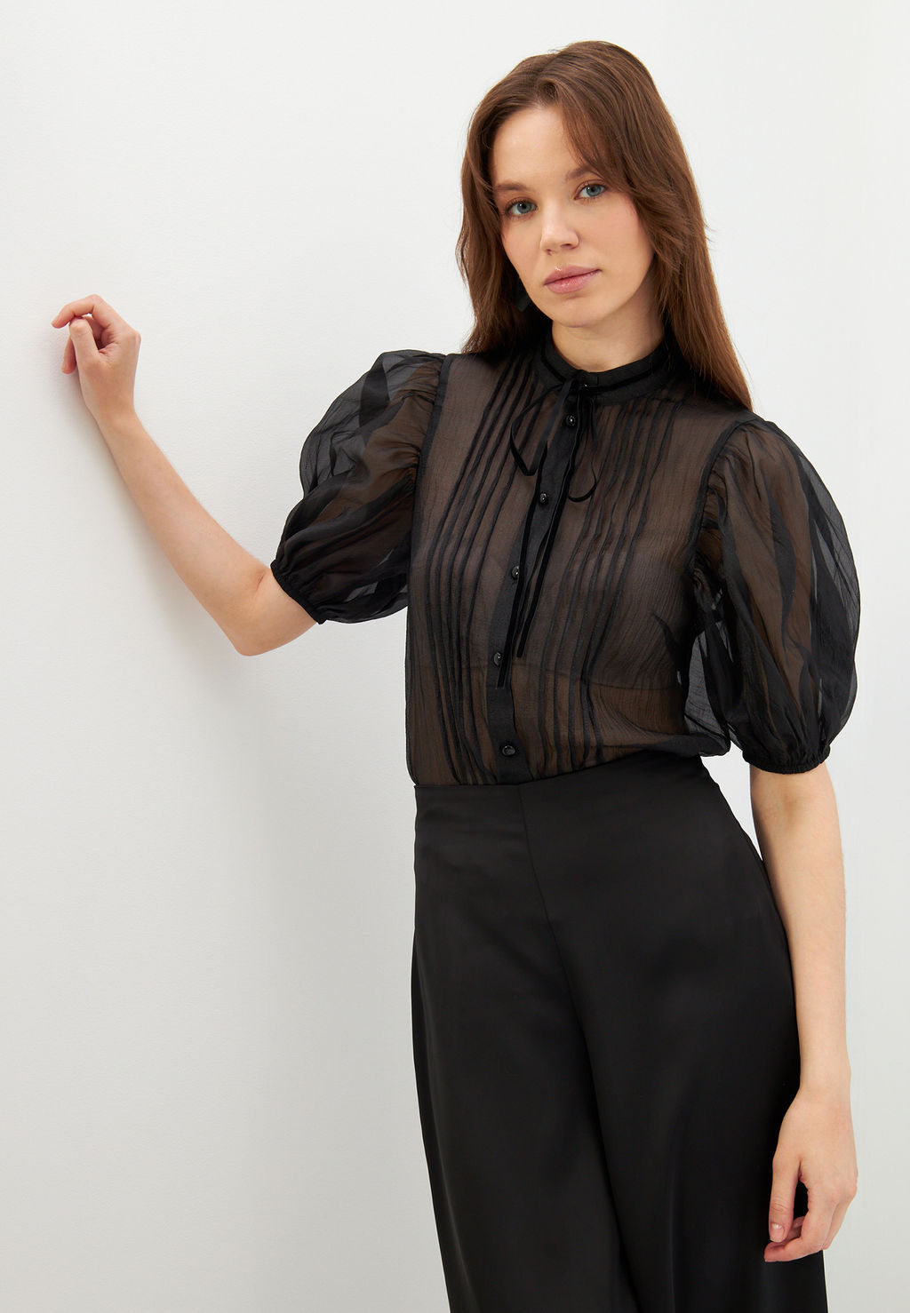 Блузка из органзы с бархатной завязкой и защипами OD-951-3 черный - Tantino фото 5
