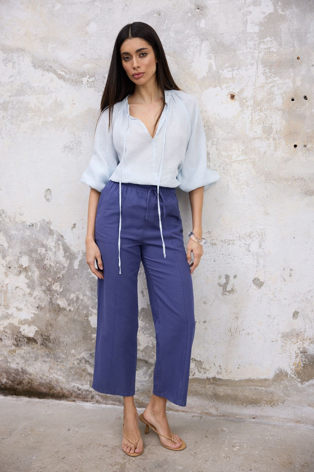 TRENDYOLMILLA Indigo Keten Icerikli Beli Lastikli Straight/Duz Kesim Dokuma Pantolon TWOSS25PL00016 фото 3