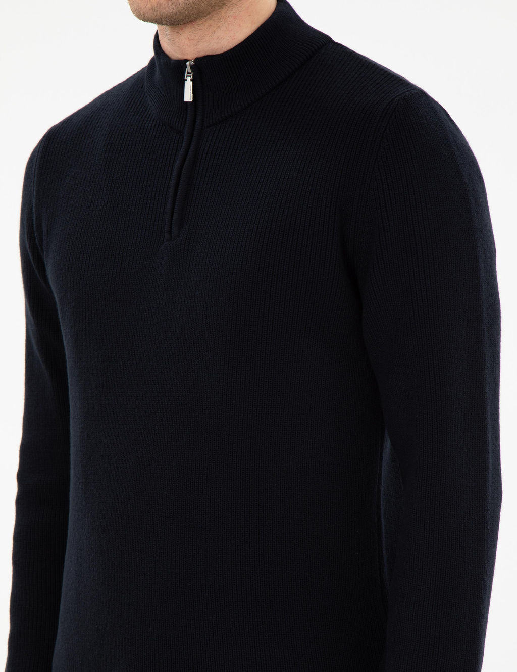 Lacivert Slim Fit Fermuarl_ Dik Yaka Kazak