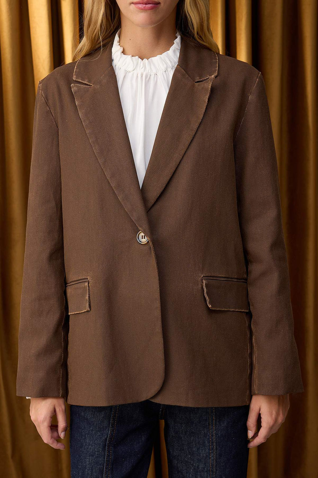 Ozel Koleksiyon Kahverengi Eskitme Efektli Rahat Kal?p Dokuma Blazer Ceket TWOAW26BC00008 - Trendyolmilla фото 3