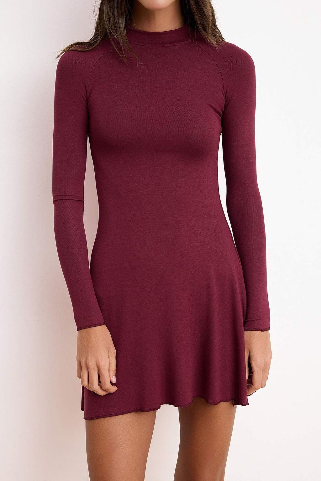 Bordo Belden Ac?lan Uzun Kollu Mini Yumusak Orme Elbise TWOSS26EL00608 - Trendyolmilla фото 3