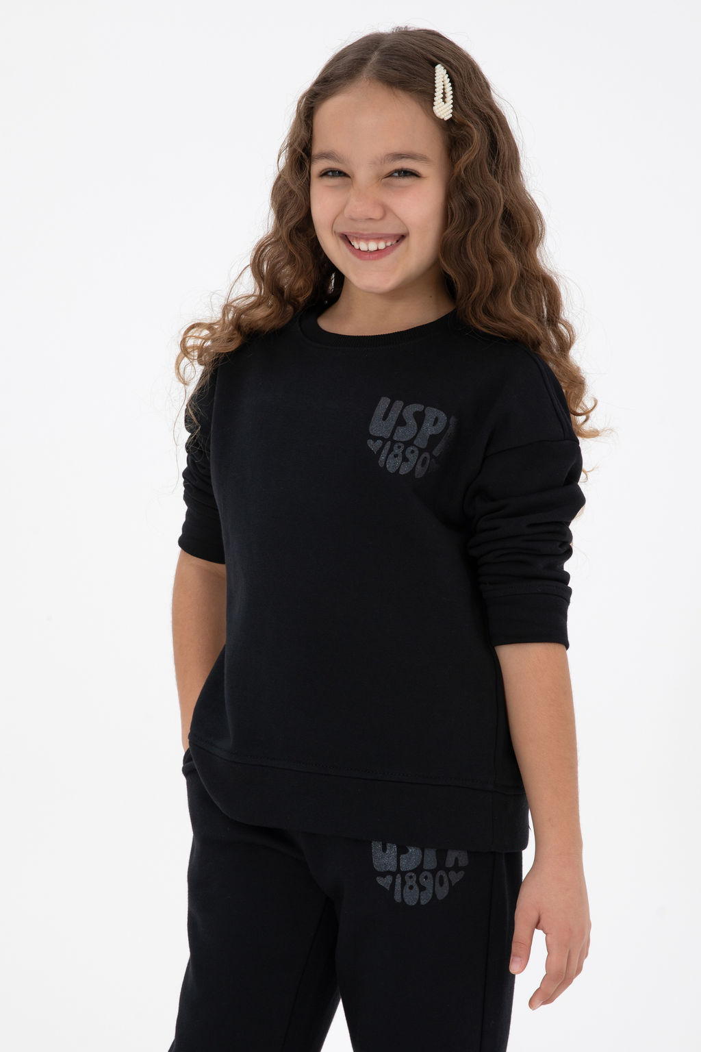 K_z _ocuk Siyah Simli Bask_ Detayl_ Bisiklet Yaka Basic Sweatshirt Sepette S_rpriz _ndirim - U.s. polo assn фото 6