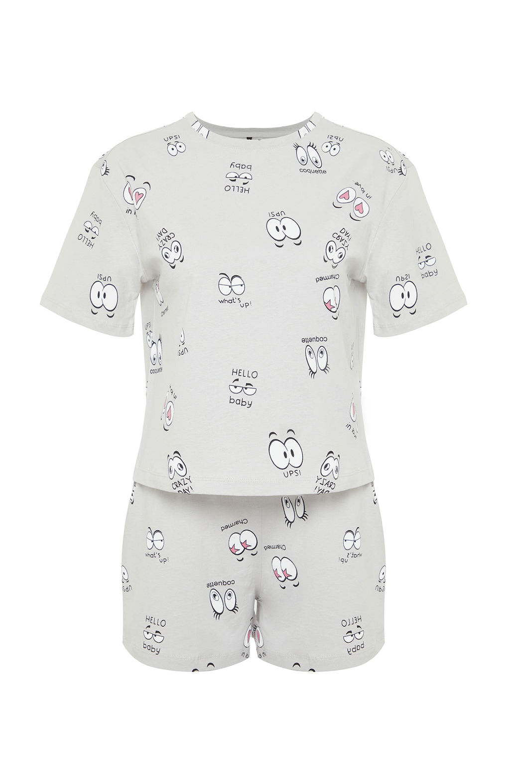 Trendyolmilla Gri %100 Pamuklu Eglence Desenli Sortlu Orme Pijama Tak?m? THMSS24PT00024  фото 7