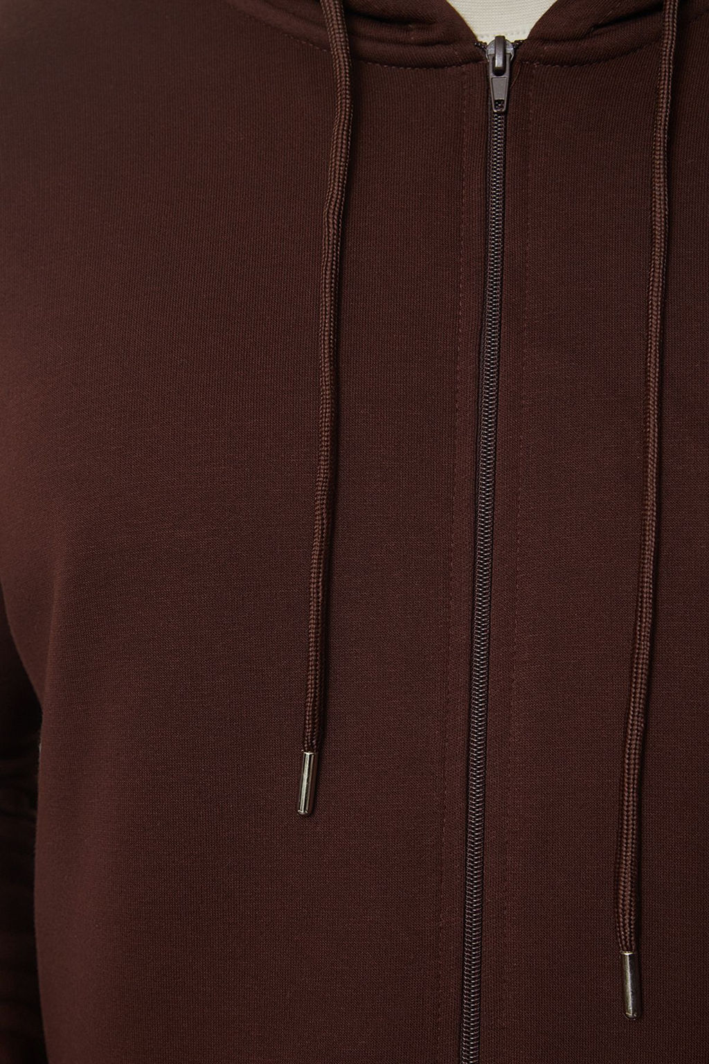 Kahverengi Buyuk Beden Oversize Basic Kapusonlu Fermuarl? Ici Polar Pamuk Sweatshirt TMNAW24AO00003