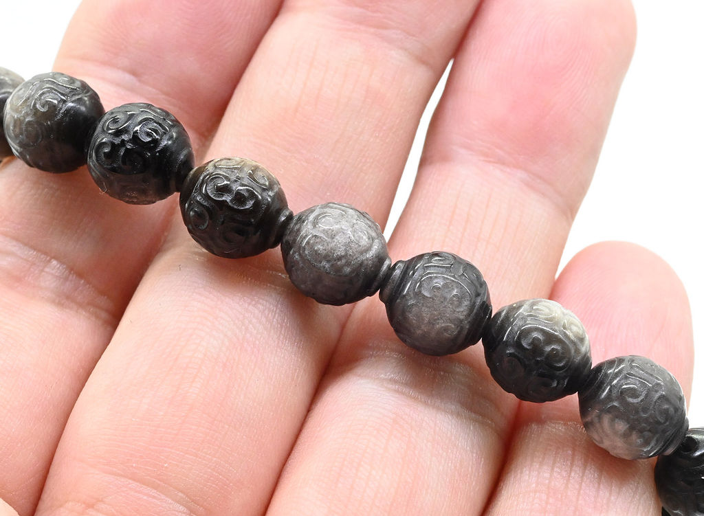 Браслет из Обсидиана шарик резной 8мм, 15г