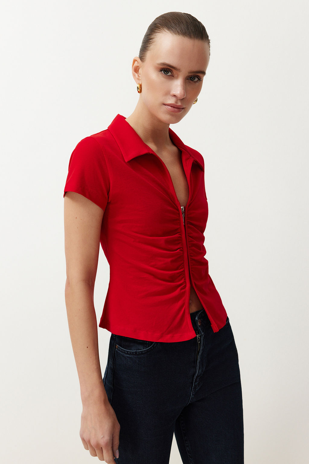 K?rm?z? Regular/Normal Kal?p Polo Yaka Buzgu/Drape Detayl? Fermuarl? Orme Bluz TWOSS24BZ00501 - Trendyolmilla фото 2