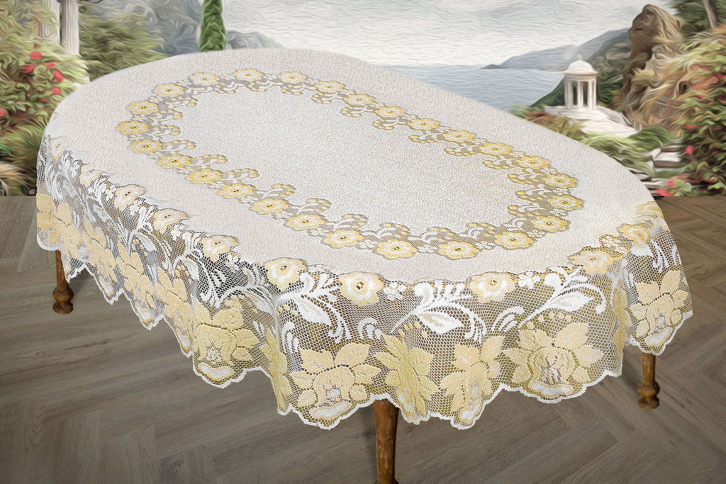Скатерть арт. 244081/130/3, овальная, размер 130 см х 180 см, цвет кремово-золотистый