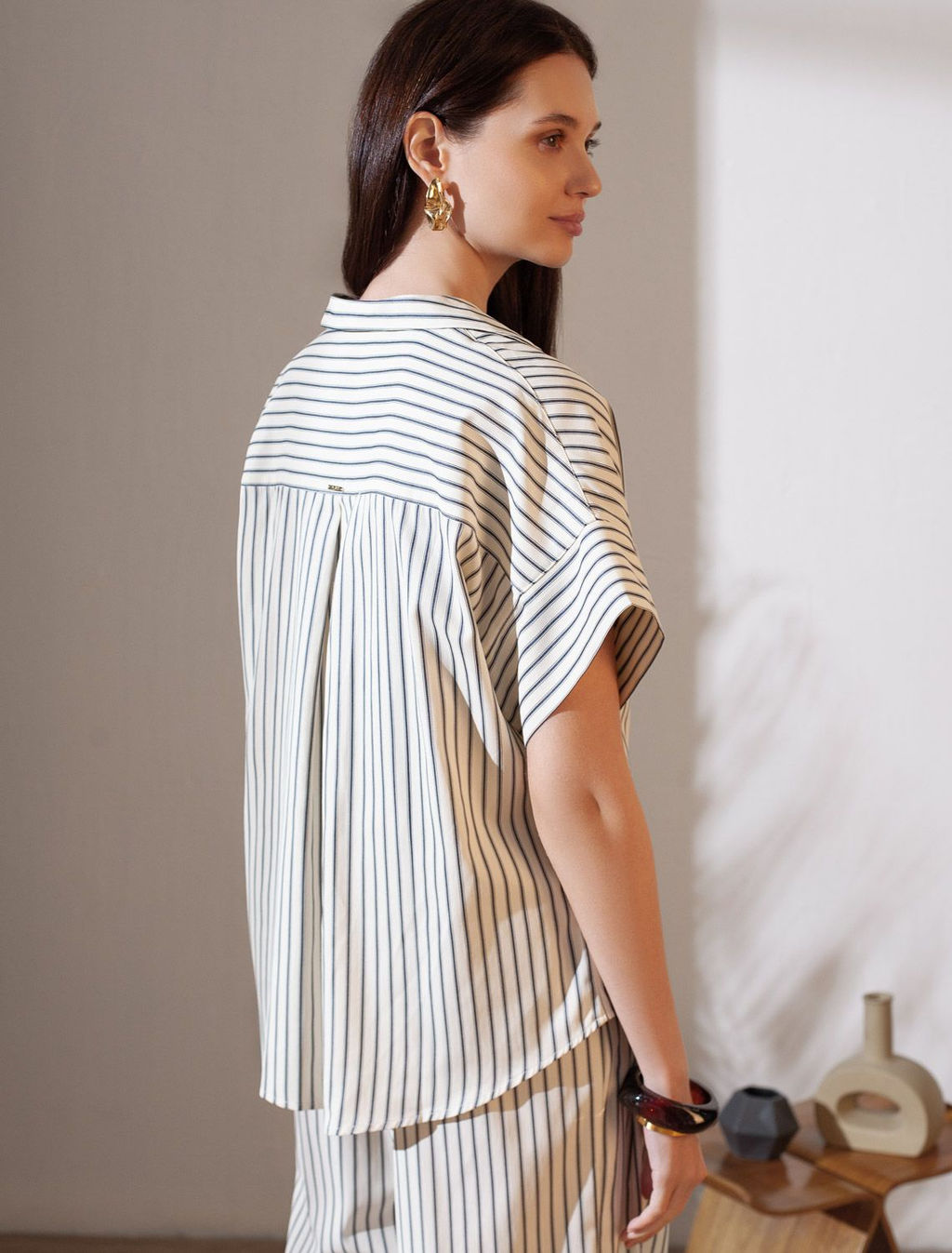 Блузка в полоску с цельнокроеным коротким рукавом из легкого хлопкового поплина - Vilatte фото 3