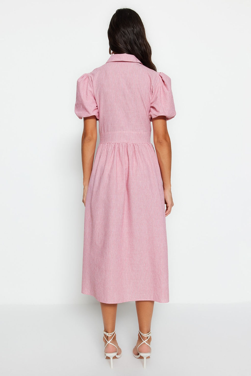 Pembe Cizgili Kruvaze Yaka Midi Dokuma Elbise TWOSS23EL02233