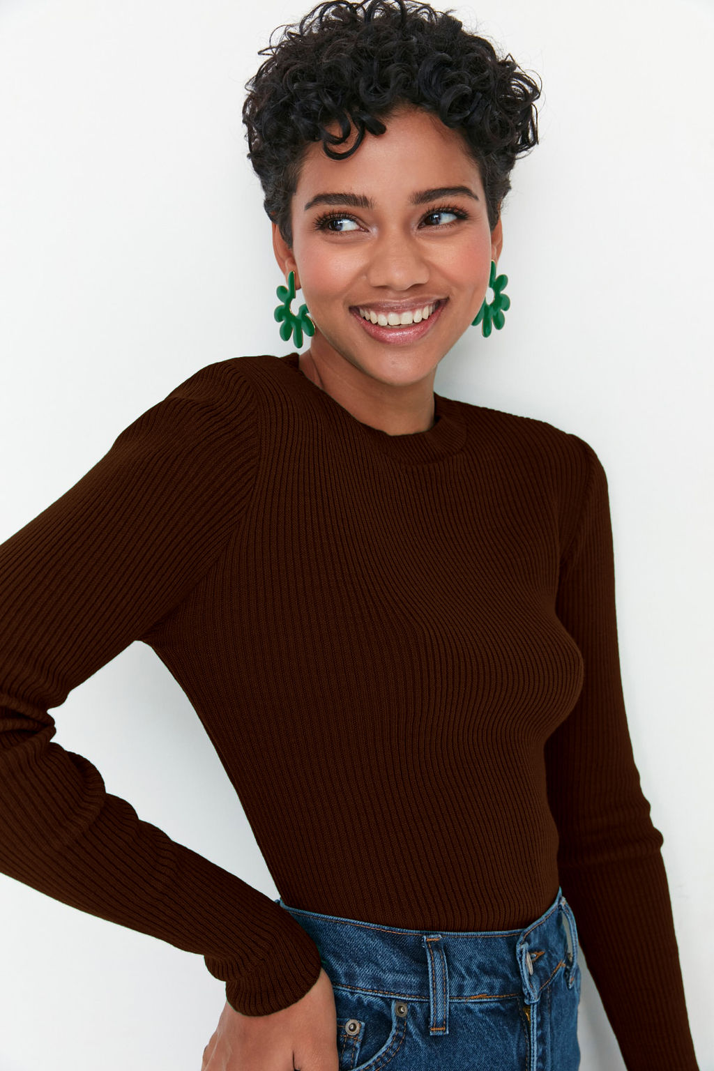 Kahverengi Basic Fitilli Triko Kazak TWOAW22KZ1708