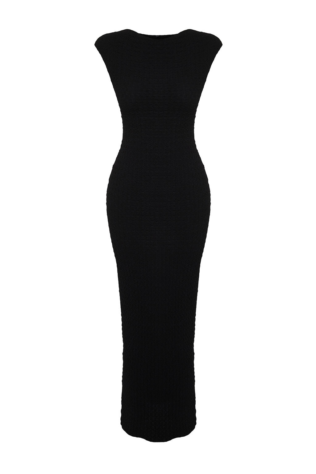 Siyah Dokulu Kumas Fitted/Vucuda Oturan Ay Kol Orme Esnek Midi Kalem Elbise TWOSS24EL00103