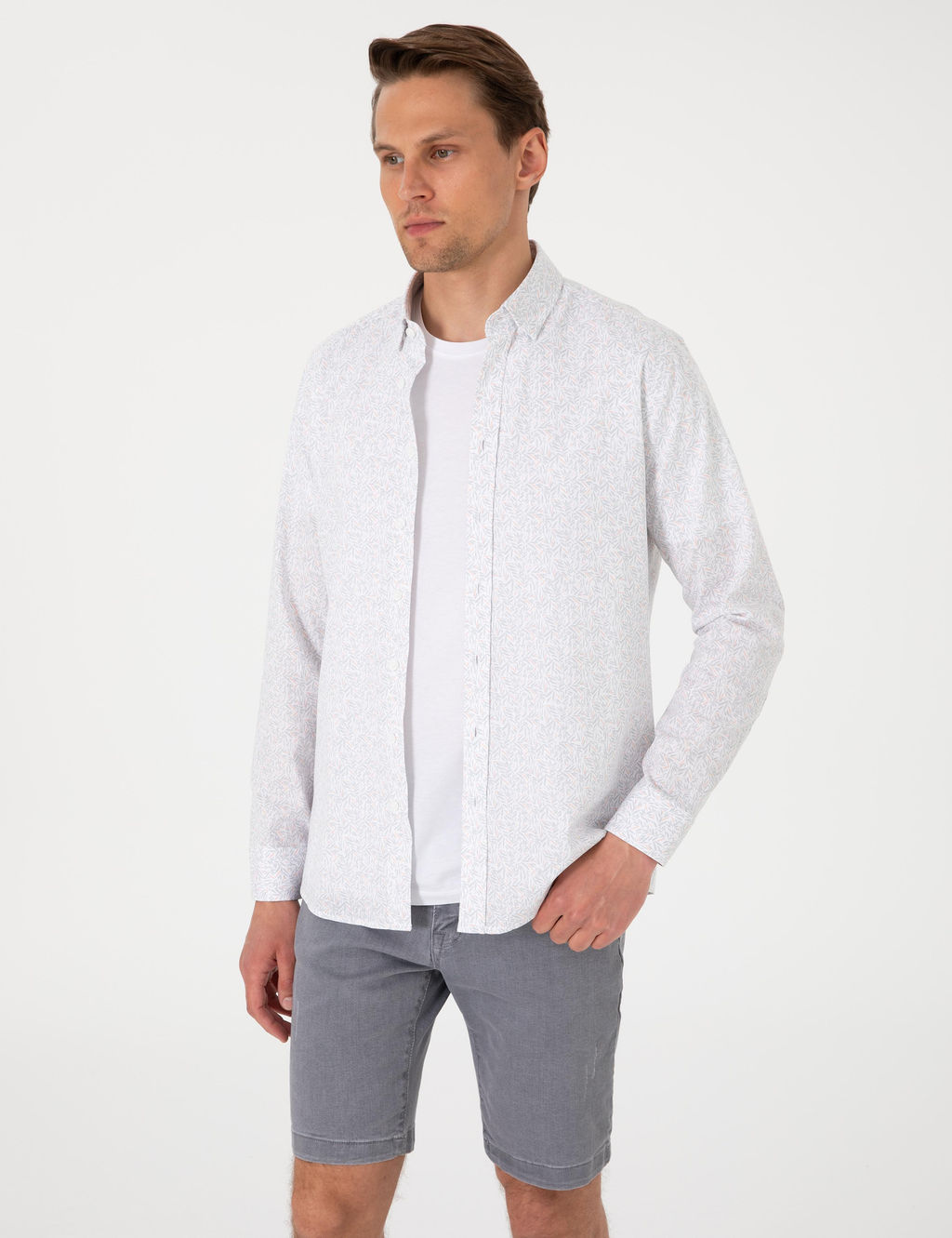 Beyaz Desen Bask_l_ Slim Fit Uzun Kollu G_mlek