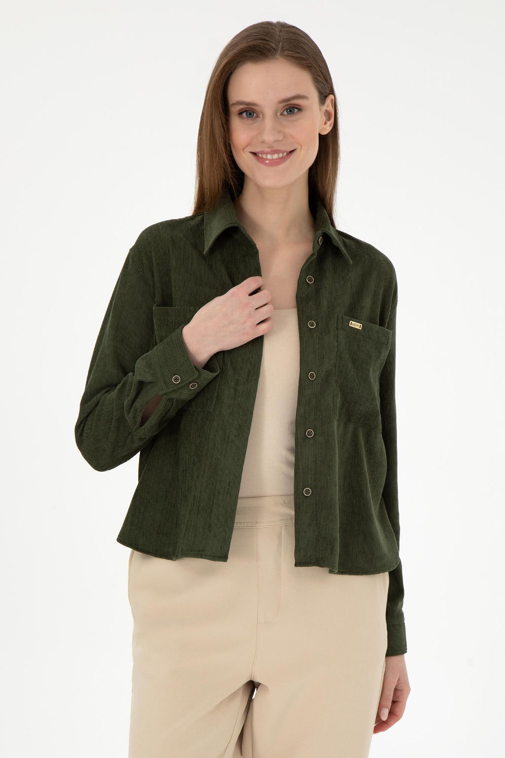 Женская бархатная рубашка цвета хаки с длинным рукавом Неожиданная скидка в корзине