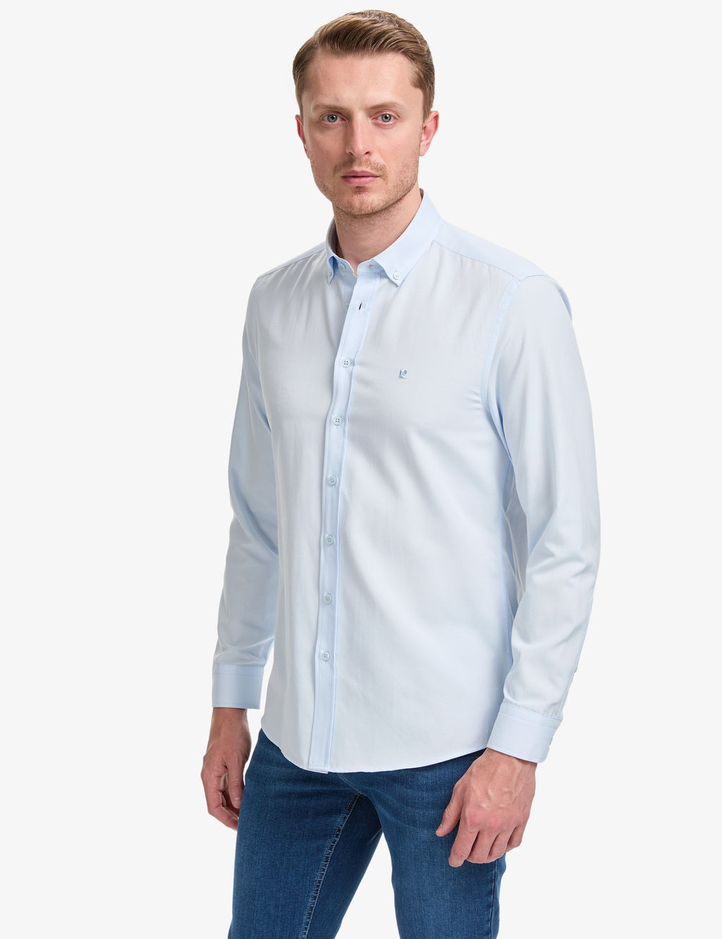 A__k Mavi Oxford Slim Fit Kolay _t_lenebilir G_mlek