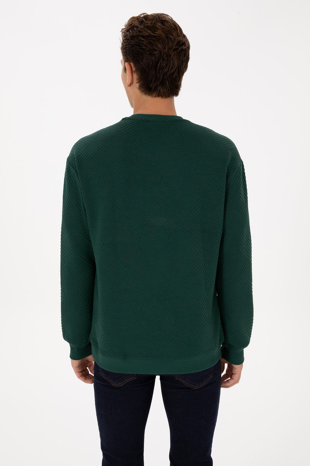 Erkek Oversize Fit Bisiklet Yaka Koyu Ye_il Sweatshirt