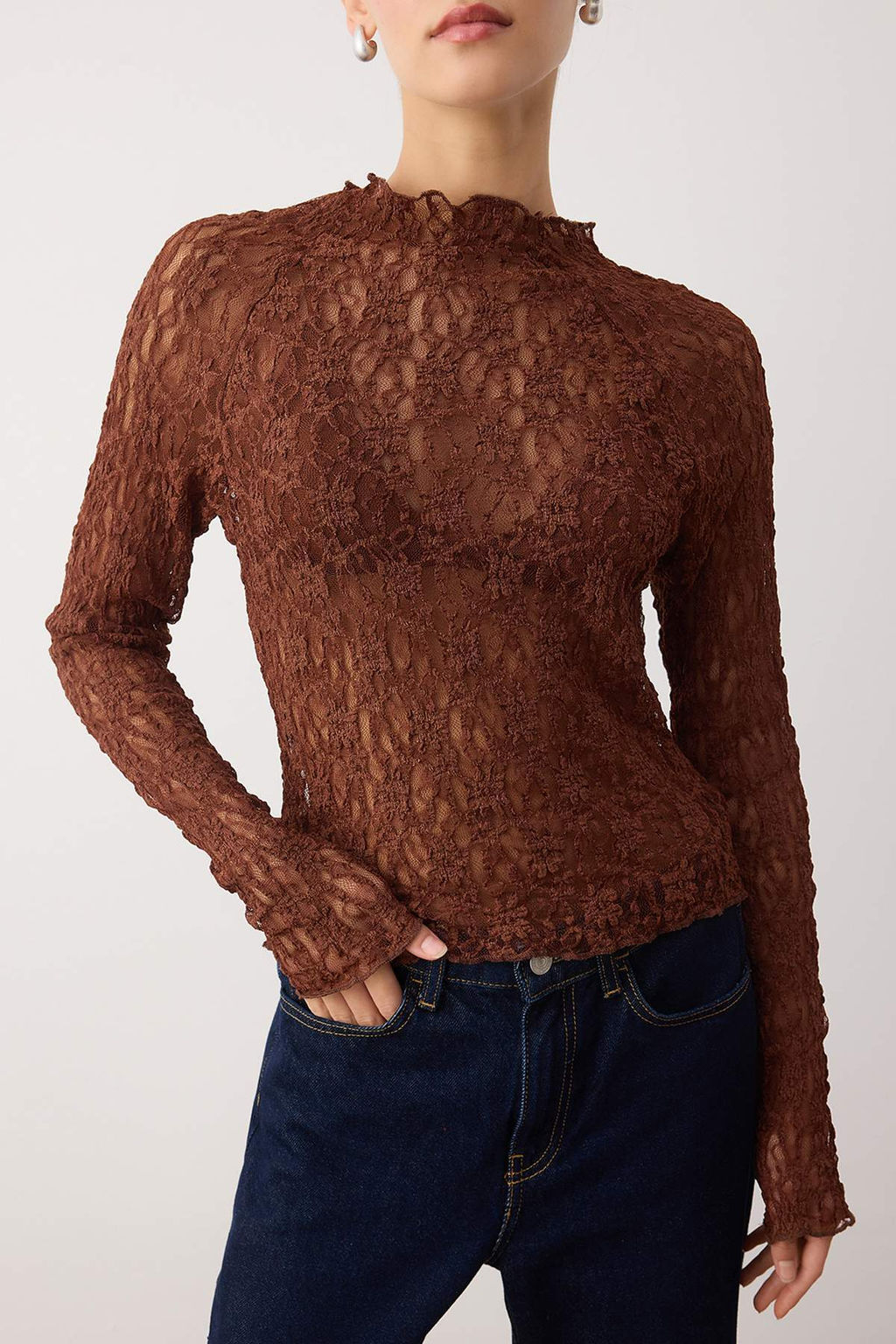 Kahverengi Fitted/Vucuda Oturan Reglan Kol Dantel Uzun Kollu Esnek Orme Bluz TWOAW26BZ00048