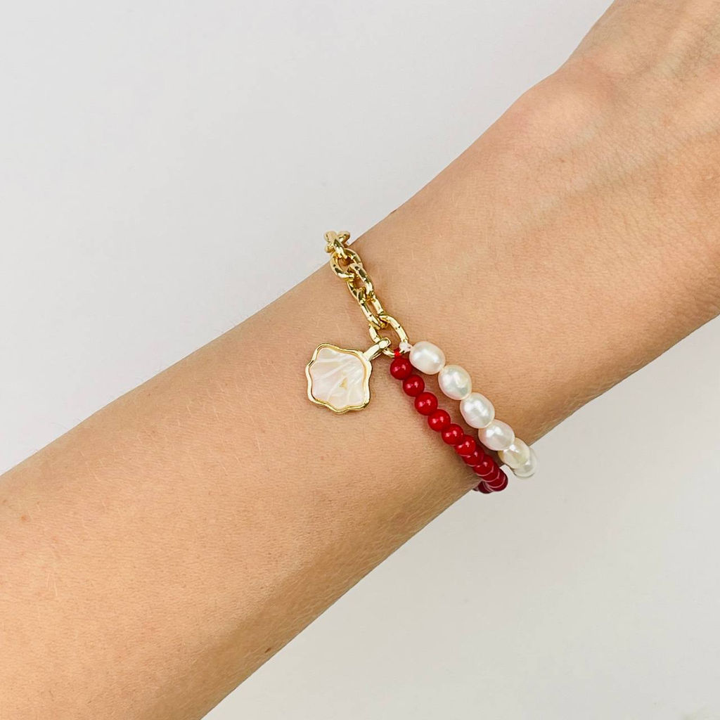 Браслет из Коралла и Жемчуга с цепочкой 16 см +