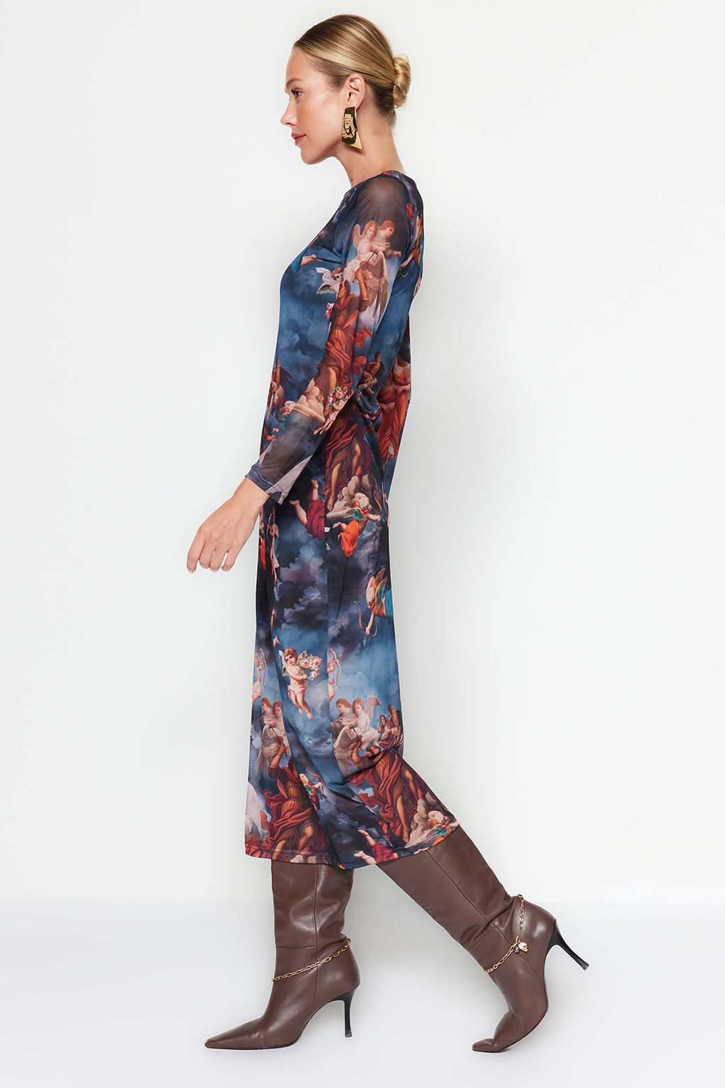 TRENDYOLMILLA Cok Renkli Bisiklet Yaka Bask?l? Astarl? Vucuda Oturan Tul Midi Orme Orme Elbise TWOAW24EL00605 фото 8