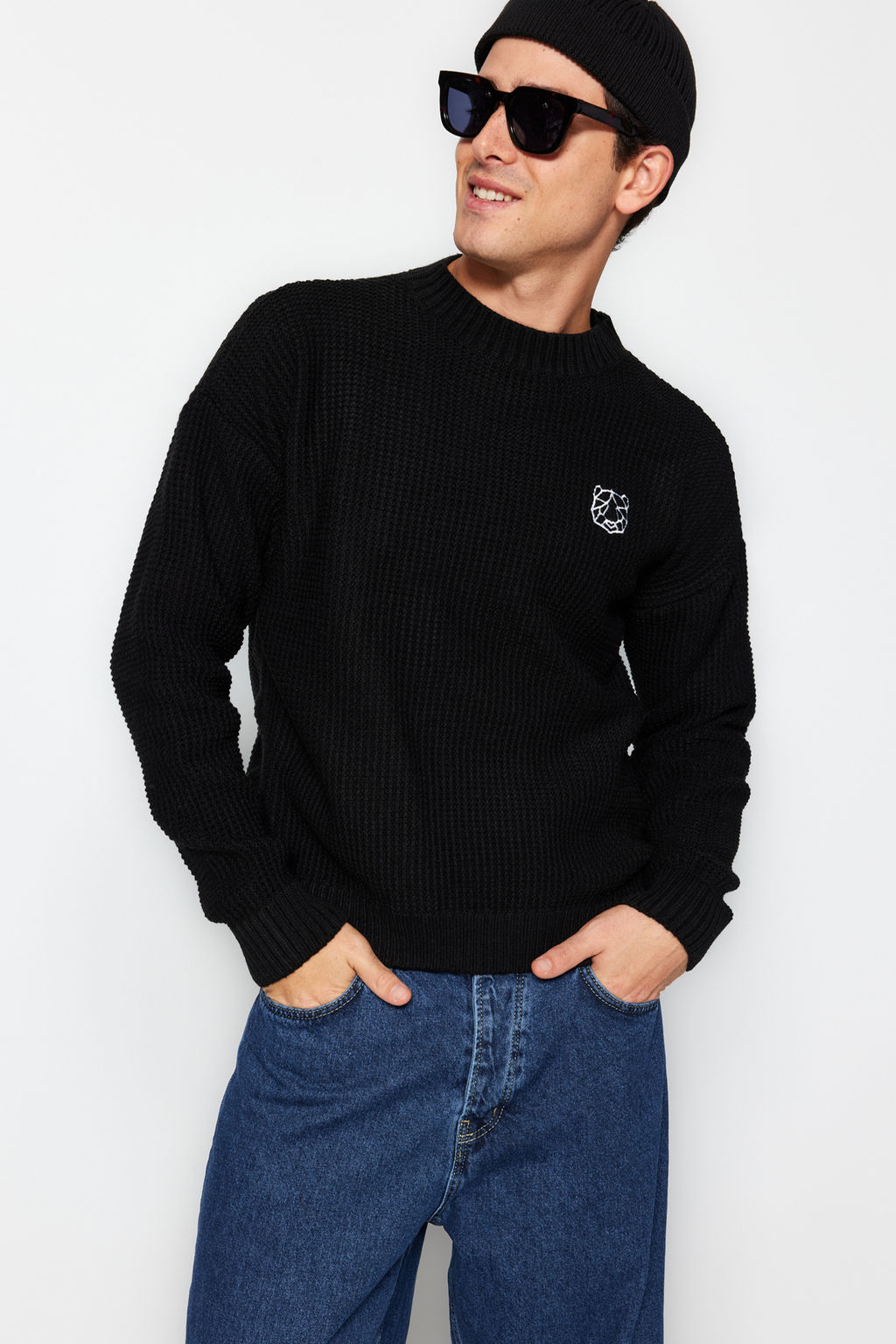 TRENDYOL MAN Indigo Oversize Bisiklet Yaka Dokulu Kazak TMNAW24KZ00032 - Trendyolmilla фото 17