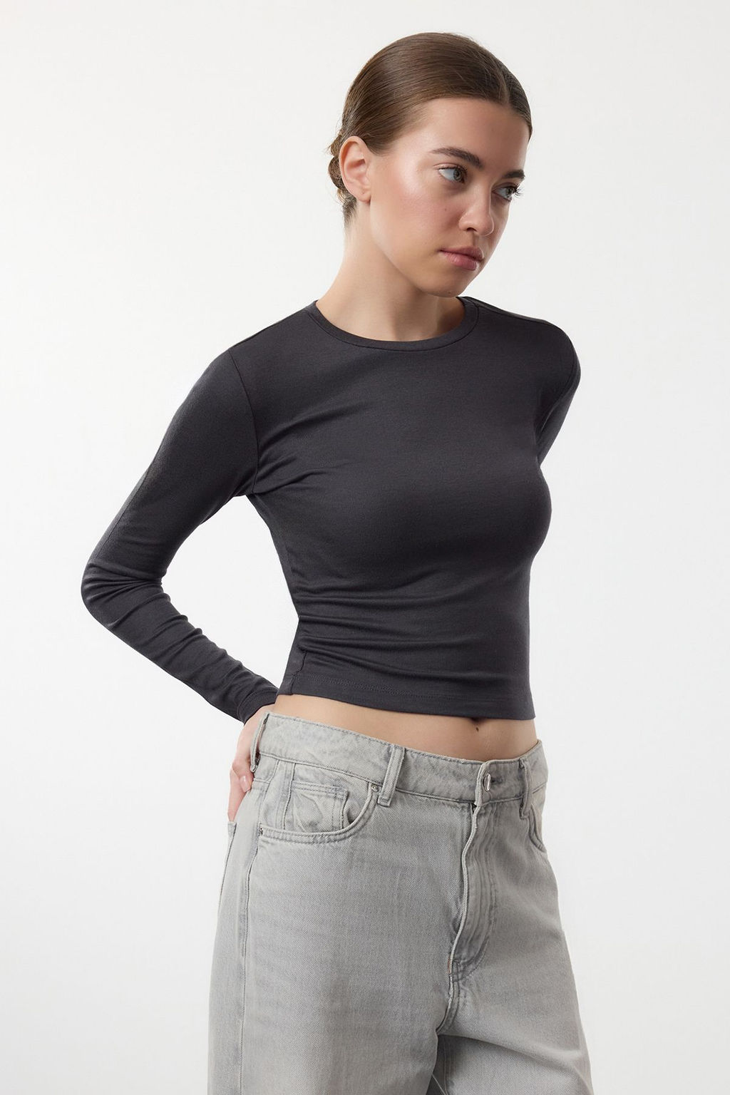 Antrasit Premium Viskon Bisiklet Yaka Crop Esnek Orme Bluz TWOAW24BZ00116
