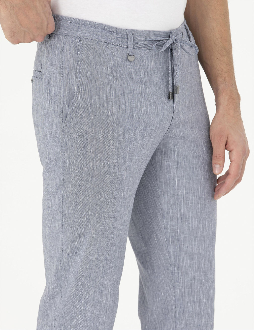 Koyu Mavi Ex. Slim Fit Keten Kar___ml_ Kuma_ Pantolon
