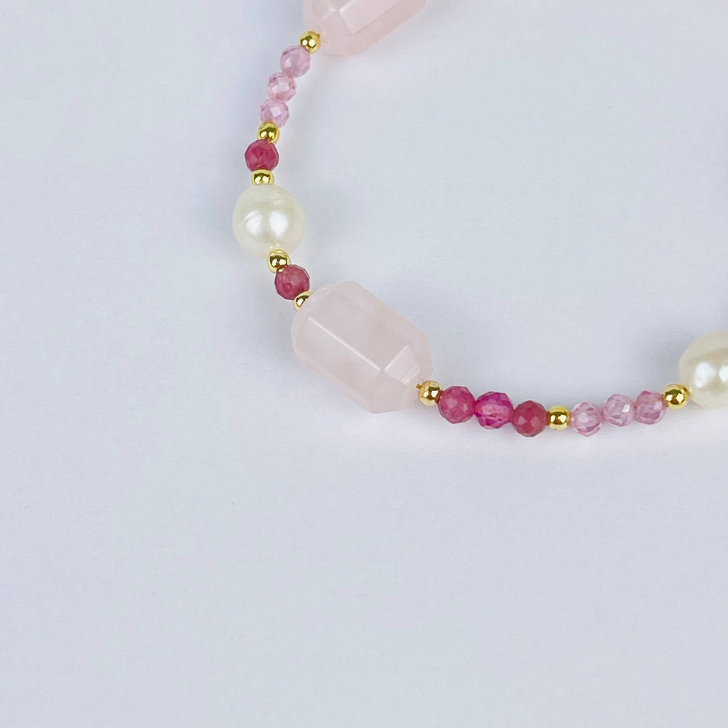Браслет из Розового кварца, Турмалина и Жемчуга 17 см +