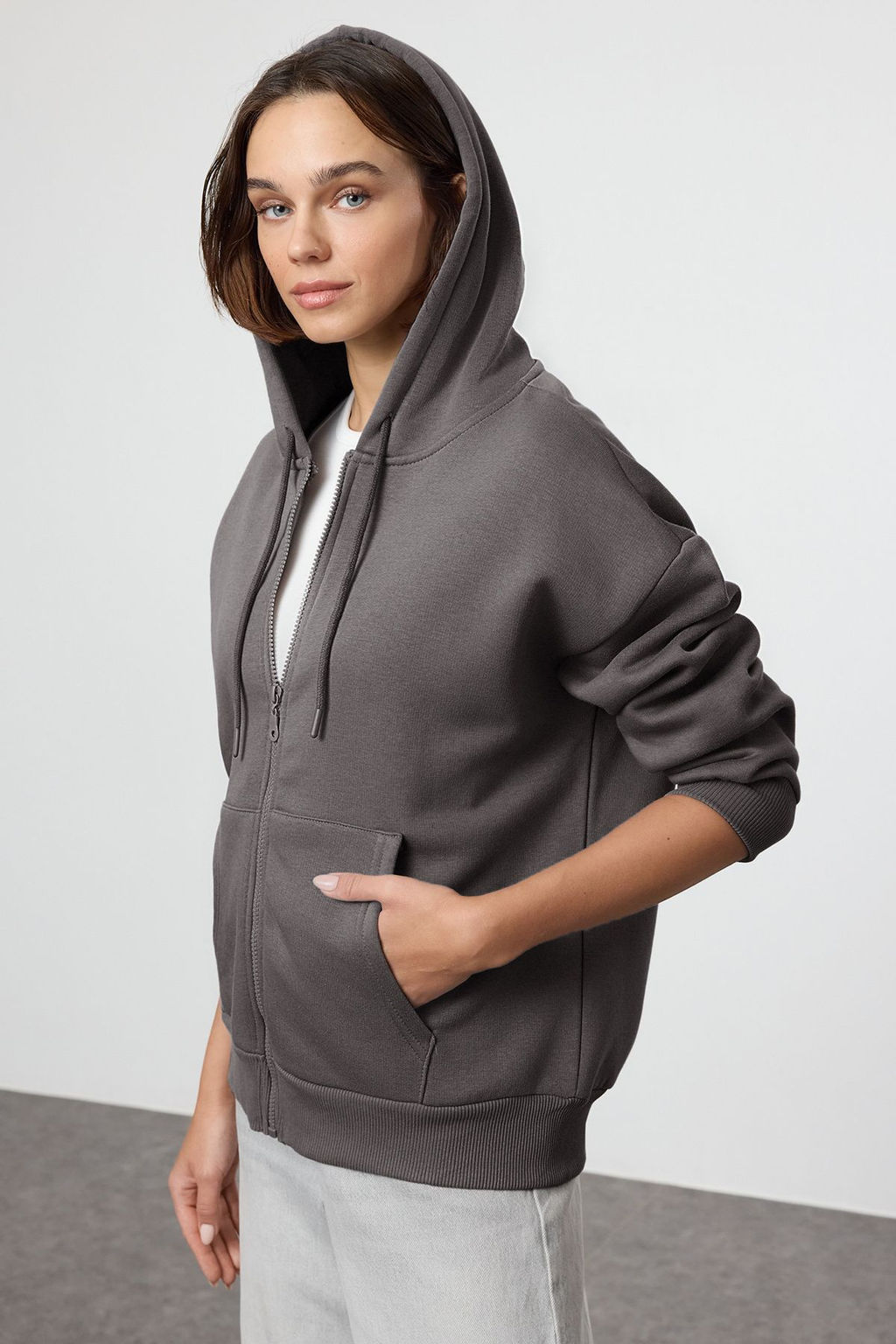 Antrasit Oversize/Rahat Kesim Basic Kapusonlu Fermuarl? Kal?n Ici Polarl