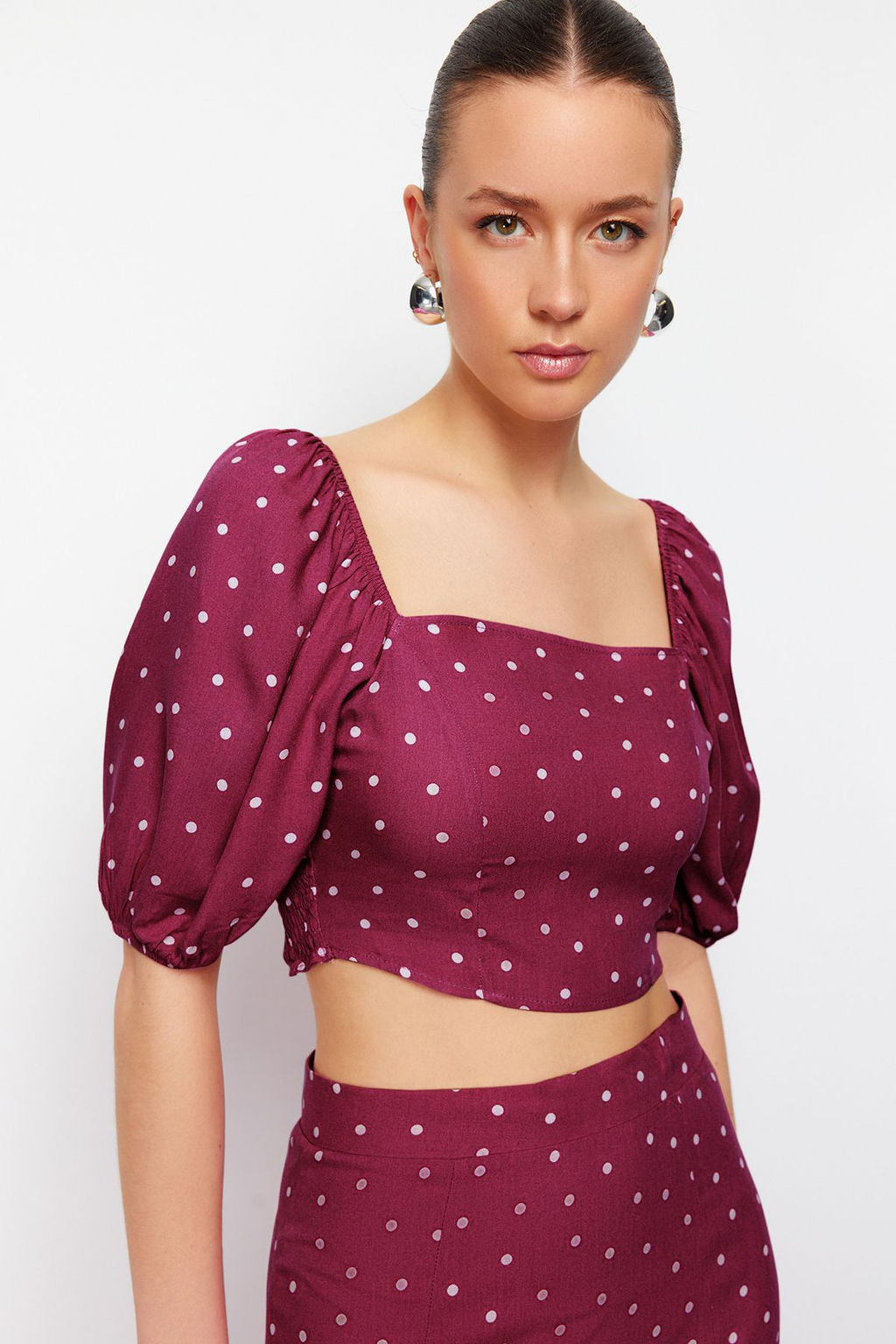 Murdum Y?rtmacl? Midi Viskon Dokuma Puantiyeli Bluz-Etek Tak?m TWOSS20AU0097