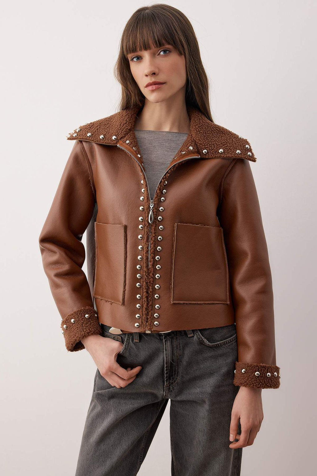 Ac?k Kahverengi Regular Kal?p Troklu Pelus Suni Deri Mont TWOAW26MO00163 - Trendyolmilla фото 2