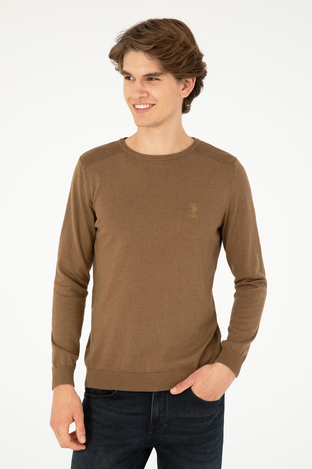 Erkek Slim Fit Bisiklet Yaka Haki Melanj Basic Kazak