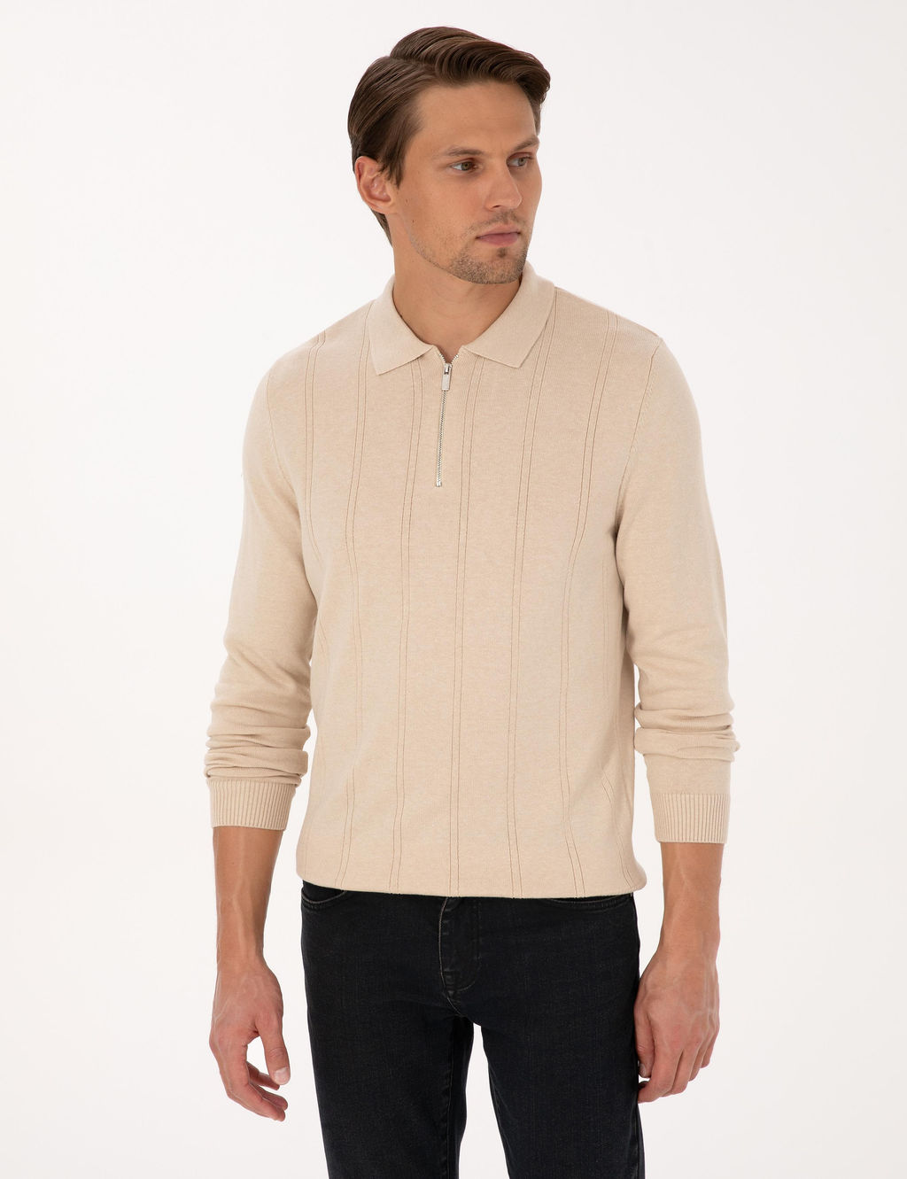 Bej Slim Fit Polo Yaka Fermuarl_ Triko Kazak - Pierre cardin фото 3