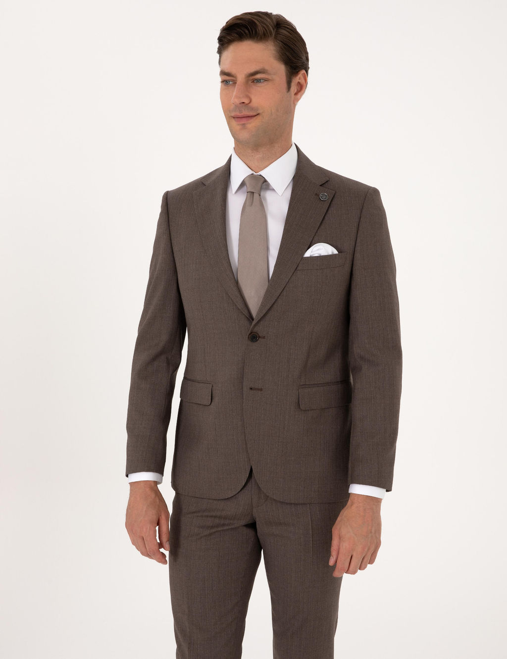 Kahverengi Slim Fit %100 Y_n _izgili Tak_m Elbise