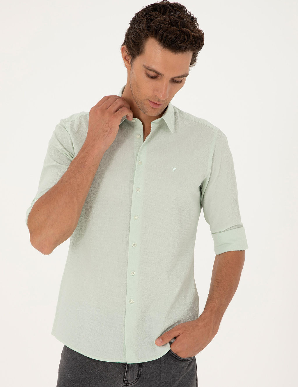 Мятная приталенная рубашка с длинным рукавом - Cacharel фото 3