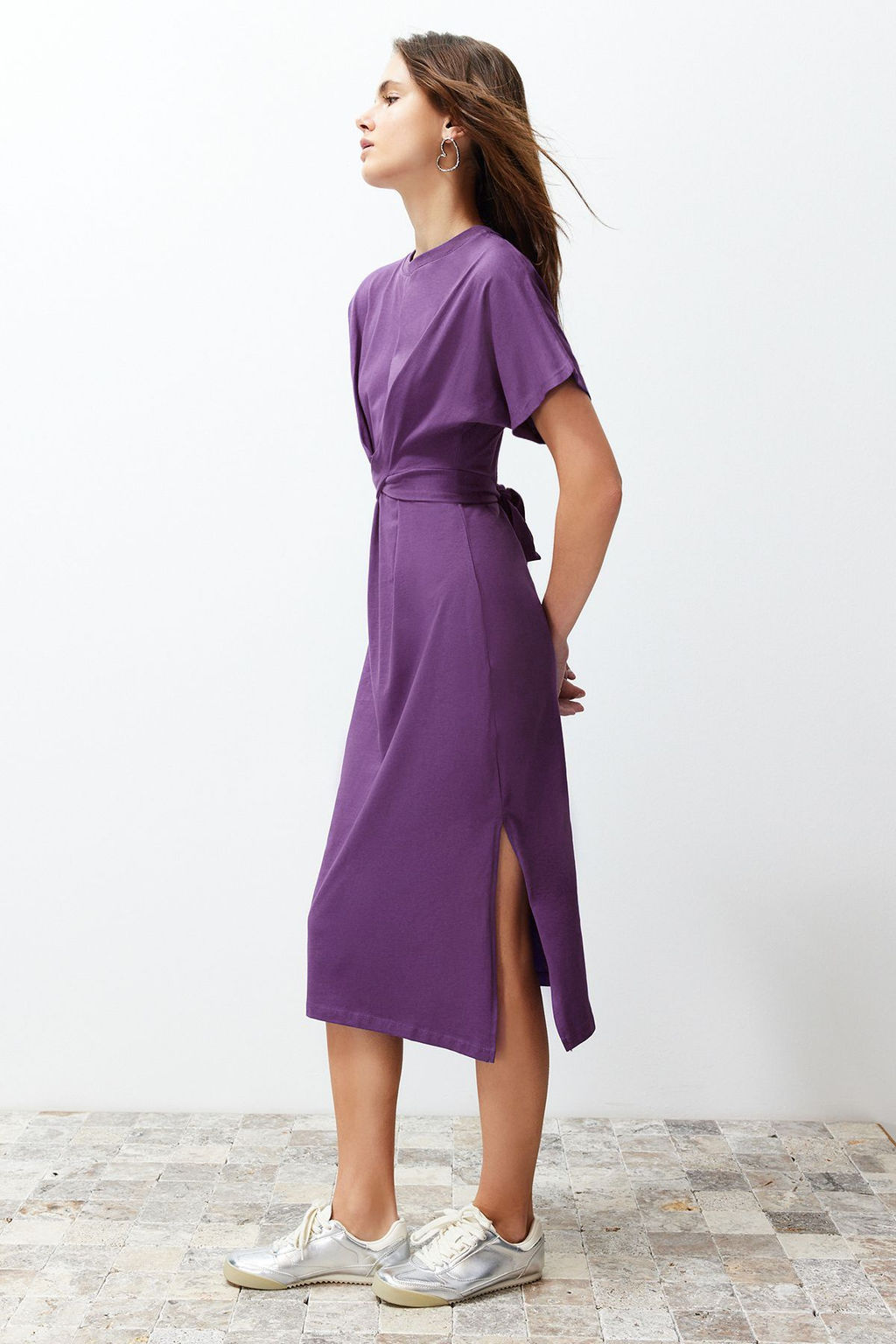 TRENDYOLMILLA Siyah %100 Pamuk Bele Oturan Y?rtmac ve Baglama Detayl? Midi Orme Kalem Elbise TWOSS21EL0404  фото 47