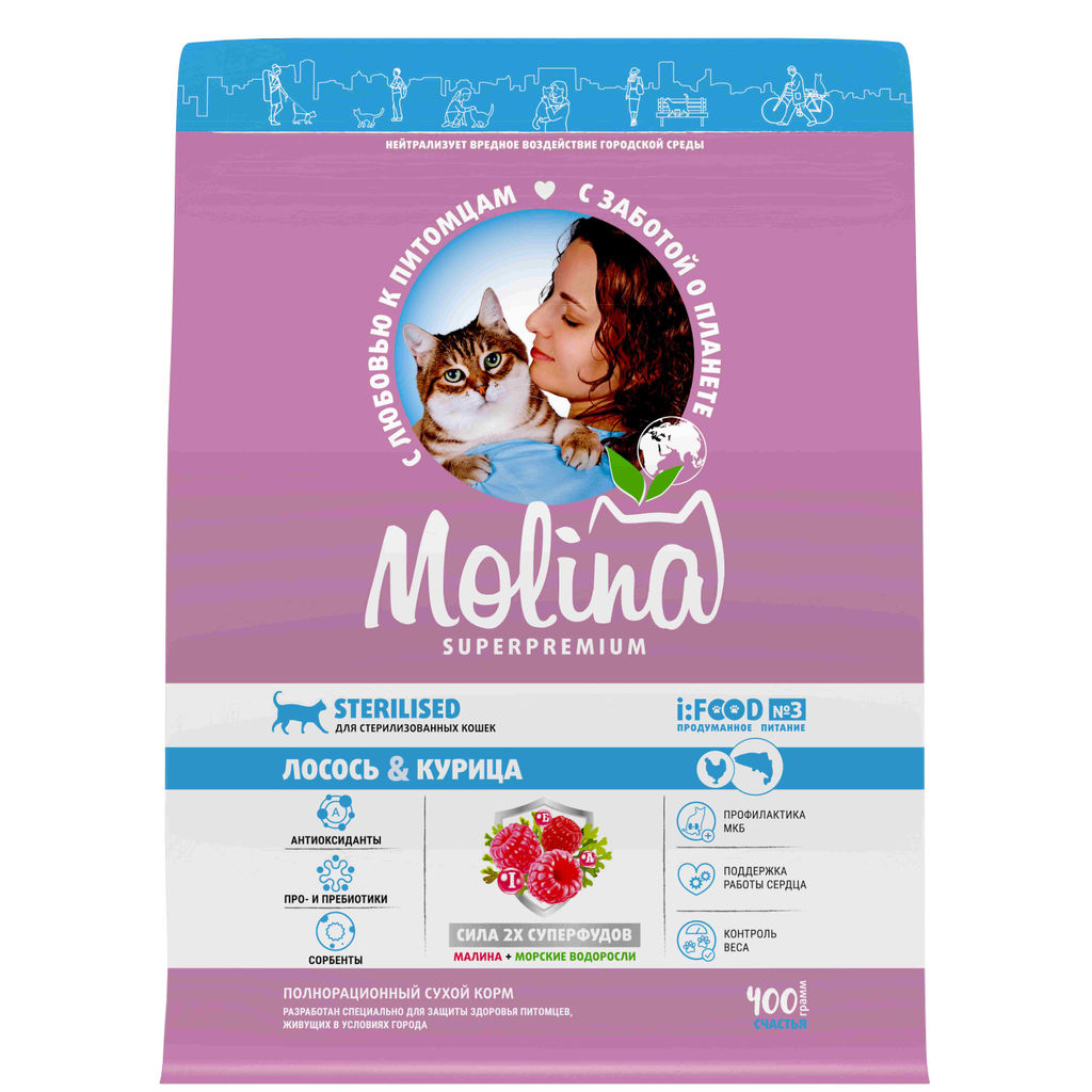 MOLINA, Сухой корм с лососем и куриц для взр.стерилиз.кошек,STERILISED.SALMON&CHICKEN,0.4 кг,1060758  фото 3