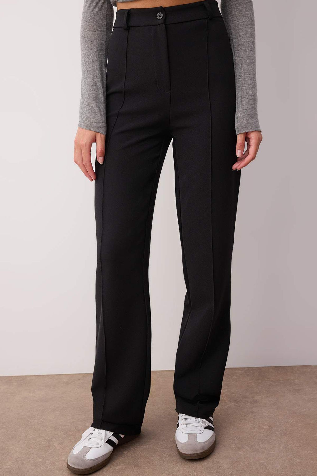 Siyah Kal?n Esnek Kumas Straight/Duz Kesim Yuksek Bel Nervur Dikisli Pantolon TWOAW26PL00027 - Trendyolmilla фото 3