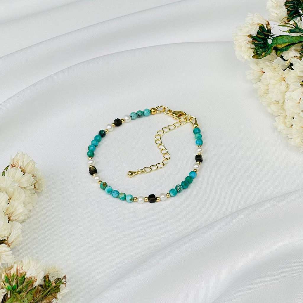 Браслет из Бирюзы, Жемчуга и Обсидиана 16 см + - Радуга самоцветов фото 2