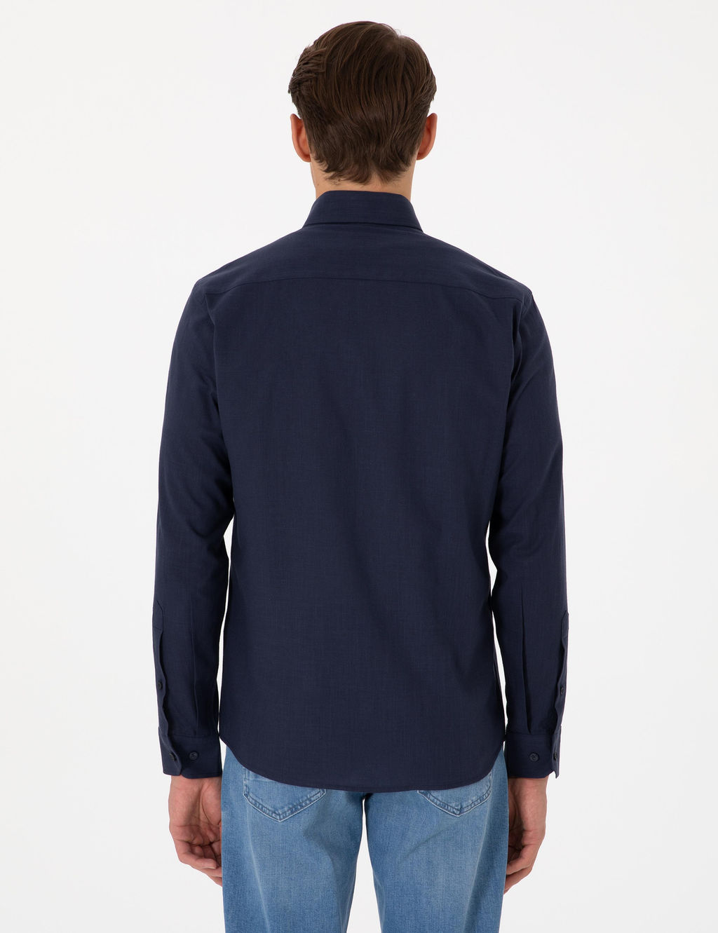 Koyu Lacivert Keten G_r_n_ml_ Slim Fit Uzun Kollu G_mlek