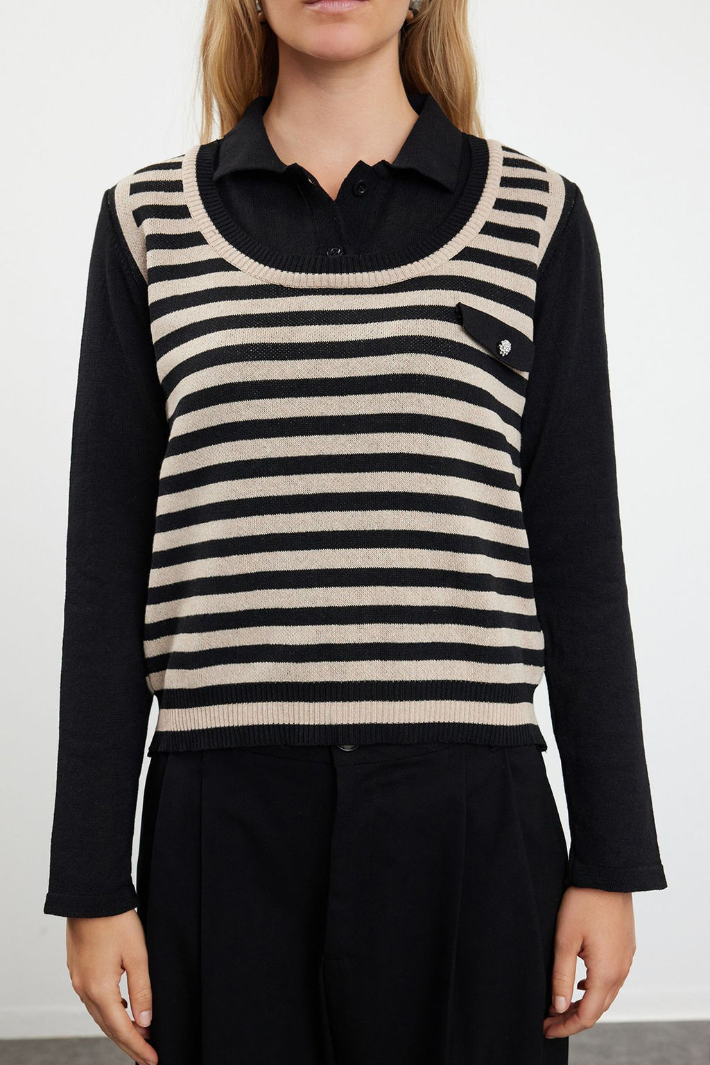 Siyah Cizgili Polo Yaka Dokuma Garnilli Triko Kazak TWOAW25KZ00038 - Trendyolmilla фото 3