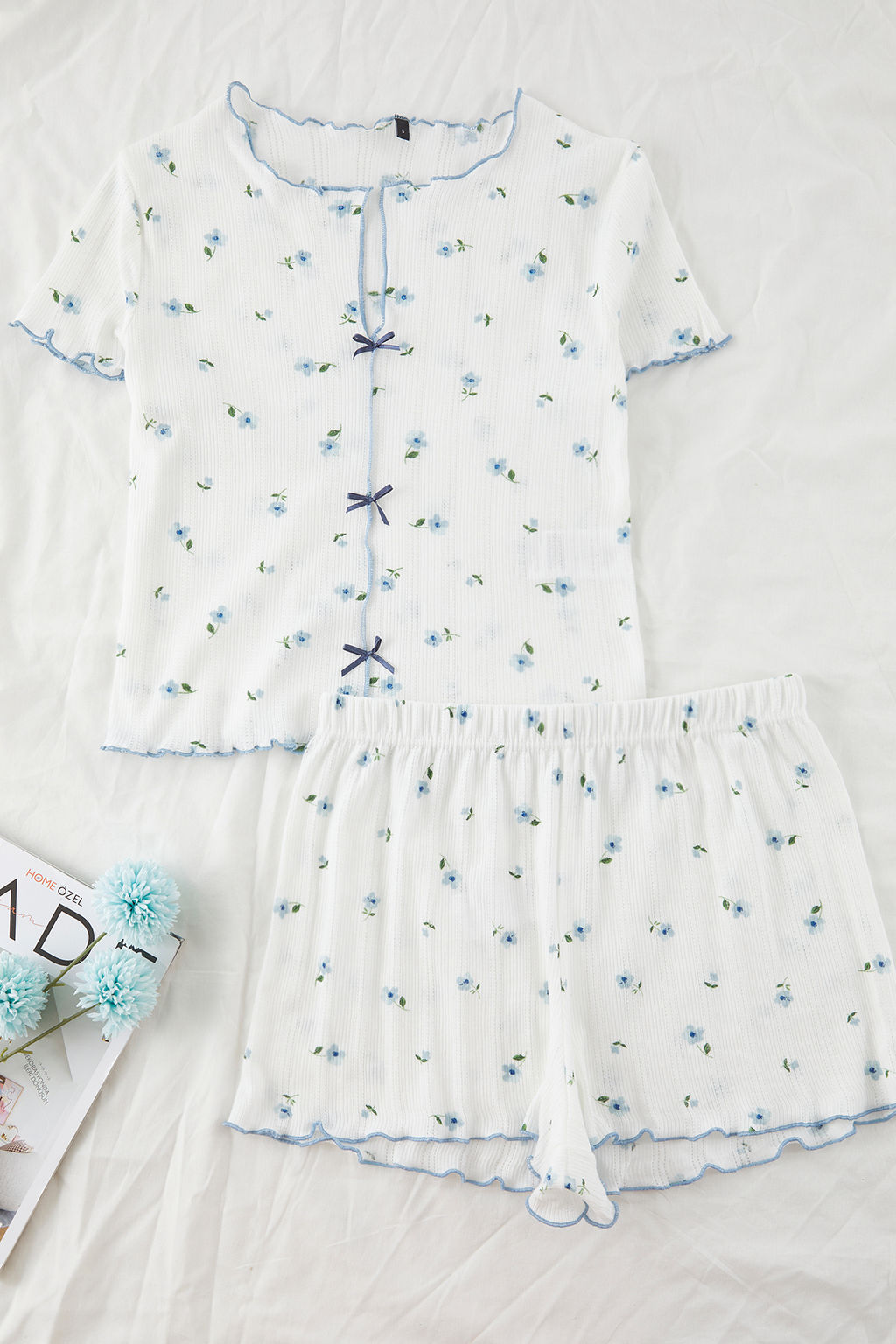 Trendyolmilla Beyaz %100 Pamuklu Cicekli Kurdele/Fiyonklu Fitilli Orme Pijama Tak?m? THMSS25PT00434 фото 16