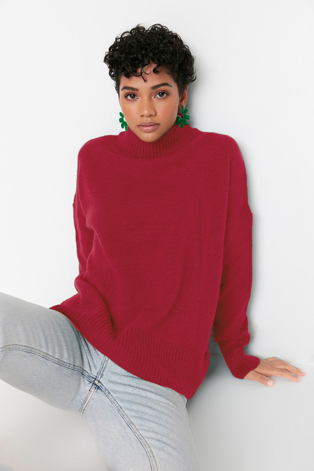 Bordo Genis Kal?p Yumusak Dokulu Dik Yaka Triko Kazak TWOAW23KZ00469