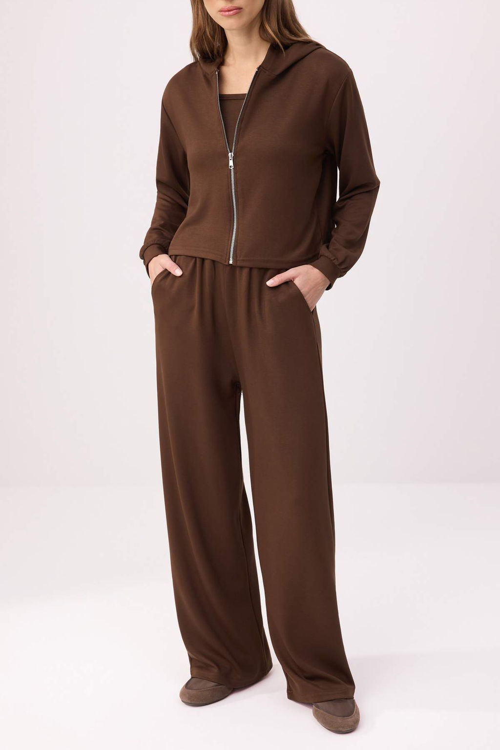 Kahverengi 3lu Wide Leg Havuz Yaka Genis Paca Soft Touch Orme Alt Ust Tak?m TWOSS26AU00147