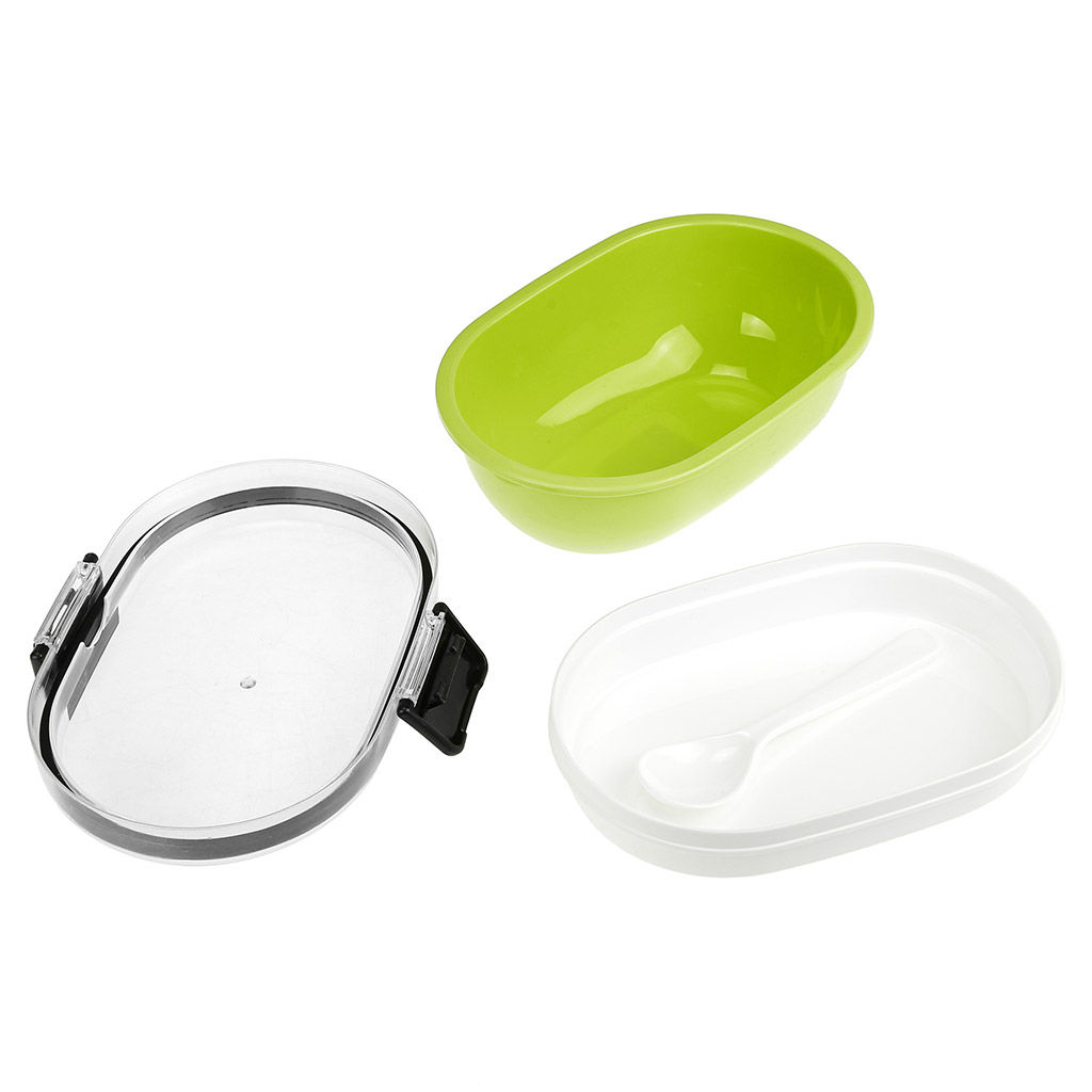 Ланч-бокс для продуктов пластмассовый Обед Люкс 18,5х14см h9см, 2 уровня: 0,3л, 17,8х11,5см h3,4см; 0,45л, 18,7х12,5см h6,1см, с ложкой 13,5см, крышка прозрачная, с клипсами, с уплотнителем, цвета в ассортименте: фисташковый, розовый, голубой (Кита - Домашняя мода фото 6