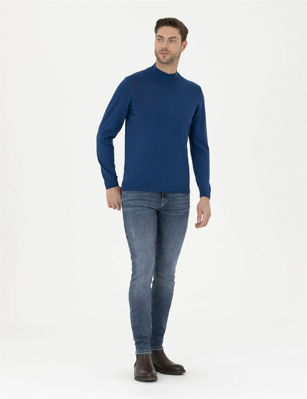 _ndigo Slim Fit Yar_m Bal_k__ Yaka Y_n Kar___ml_ Basic Triko Kazak - Pierre cardin фото 4