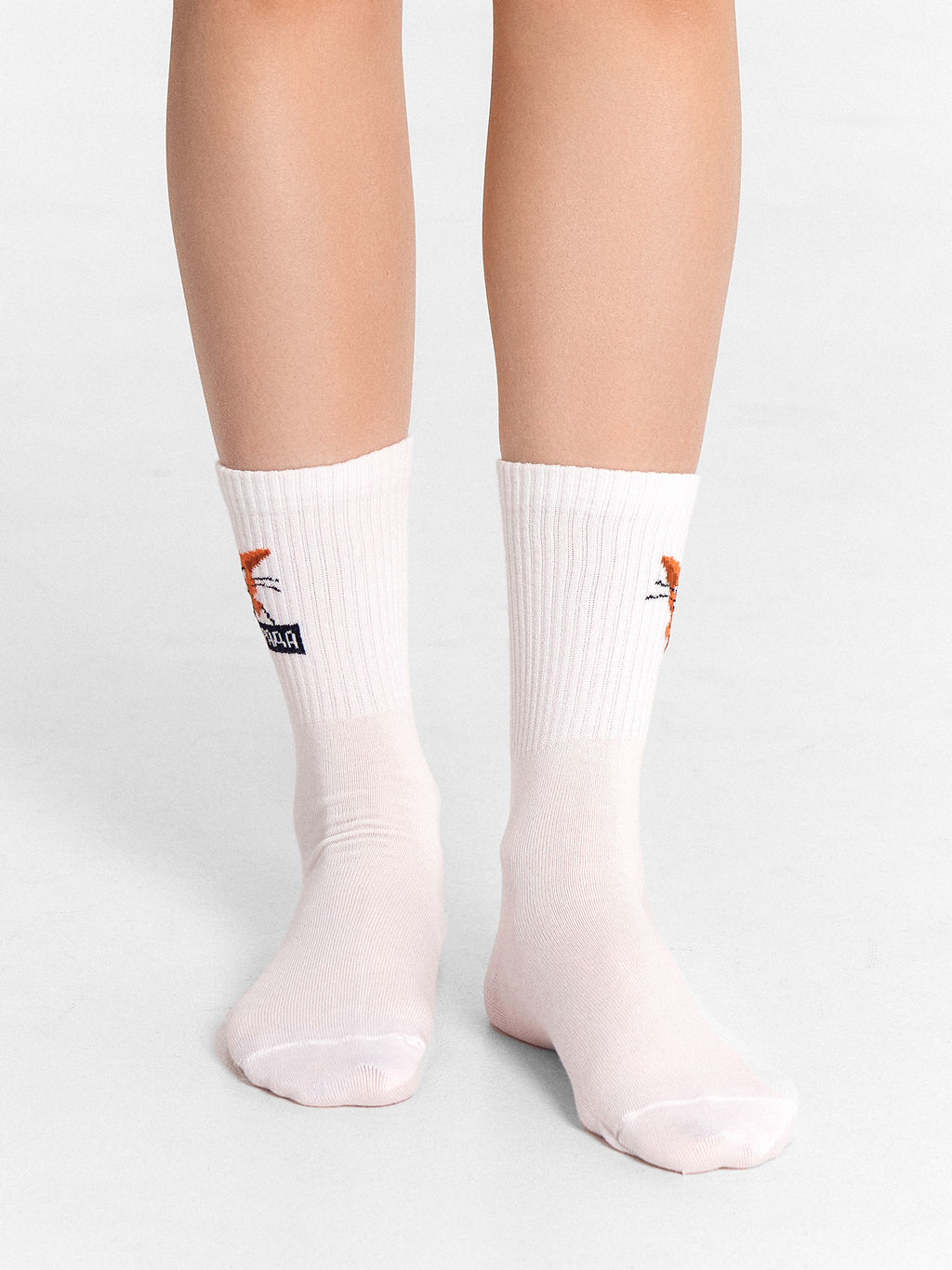 Цена за 5 пар! Носки женские высокие белые с узором в виде котика и надписью "Серада" белый 217K-2666