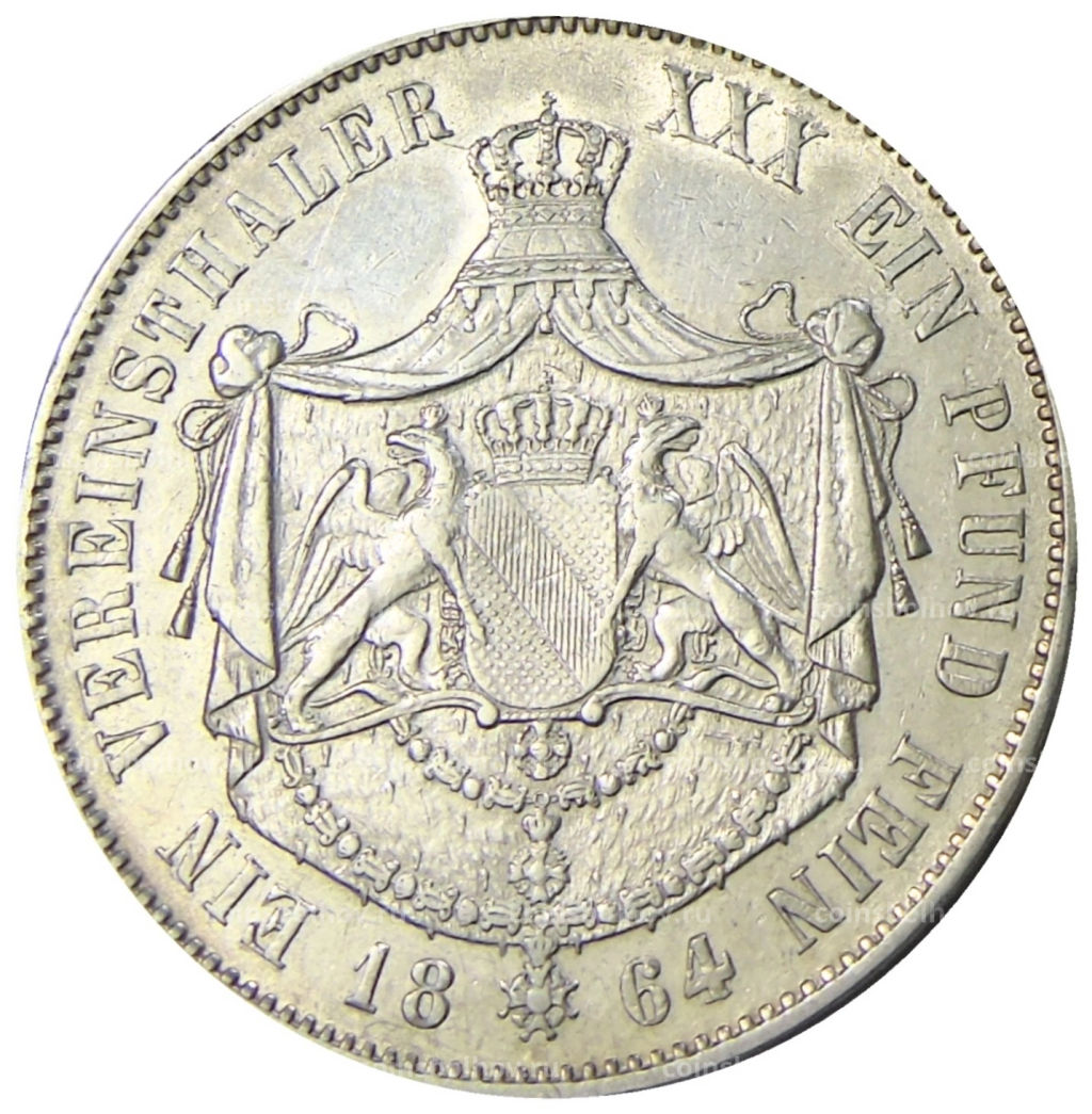 1 союзный талер 1864 года Германские государства  Баден