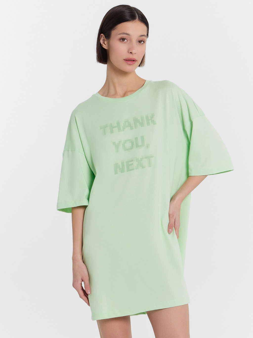 Туника домашняя женская салатовая с принтом Thank you, next свежая мята +печать 512079 - Mark formelle фото 3