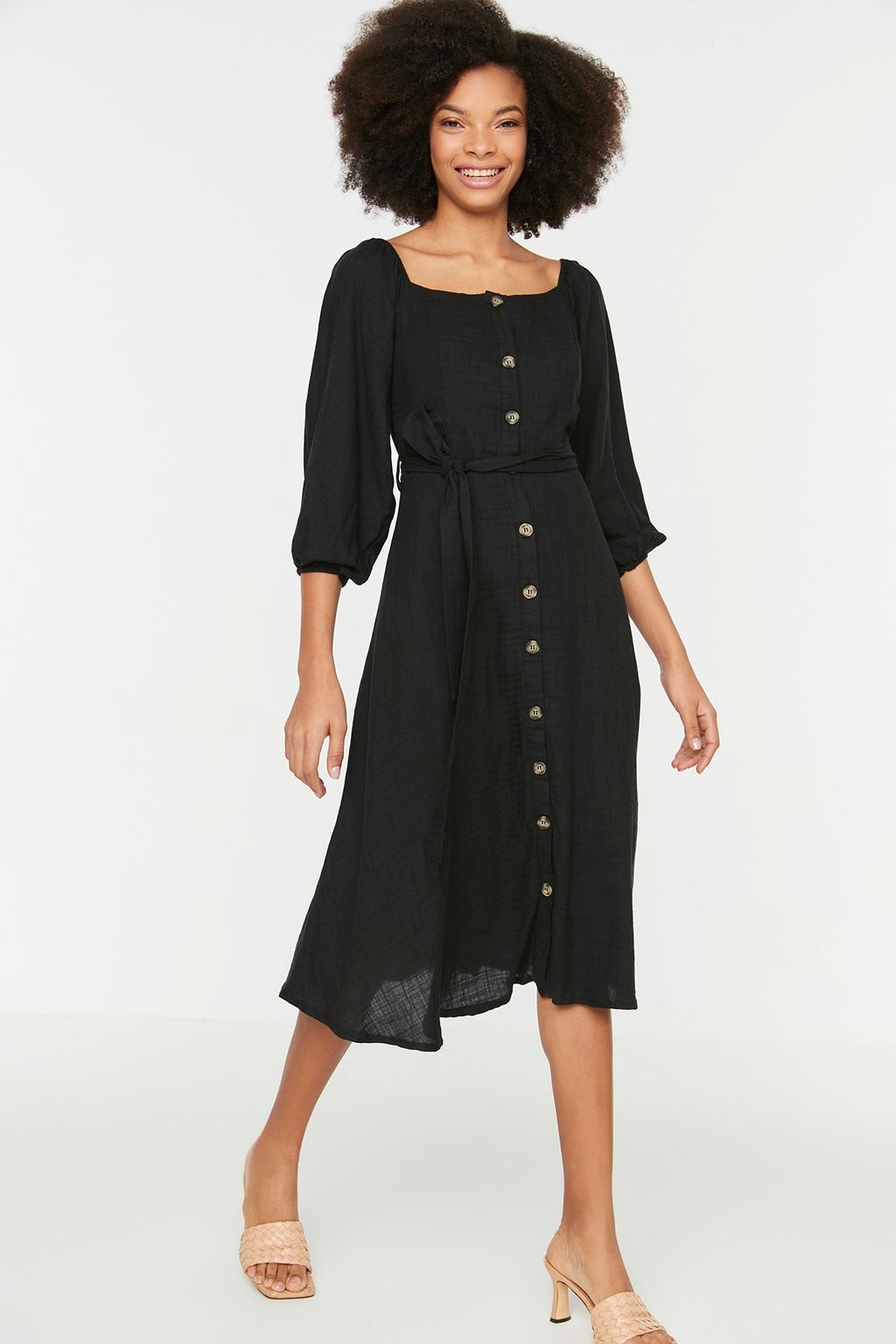 TRENDYOLMILLA Ekru Kusakl? Midi Dugmeli Kare Yaka Dokuma Keten Gorunumlu Elbise TWOSS19IE0009  фото 5