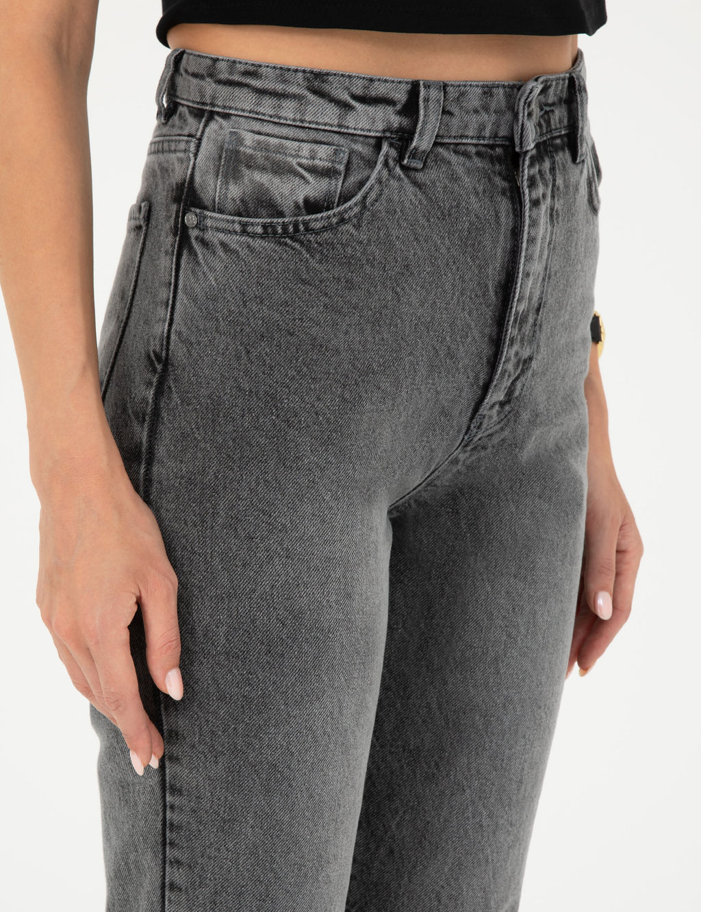 Antrasit Mom High Waist Fit Jean Pantolon